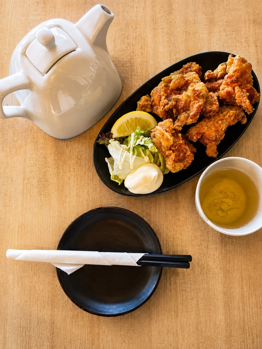 Karaage-style fried chicken with tea at Cameron Japanese Family Restaurant