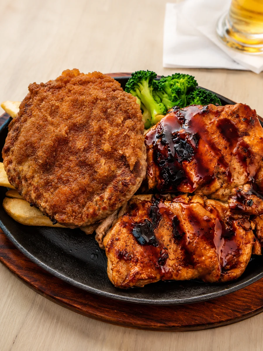 Chicken and burger sharing plate at Cameron Japanese Family Restaurant