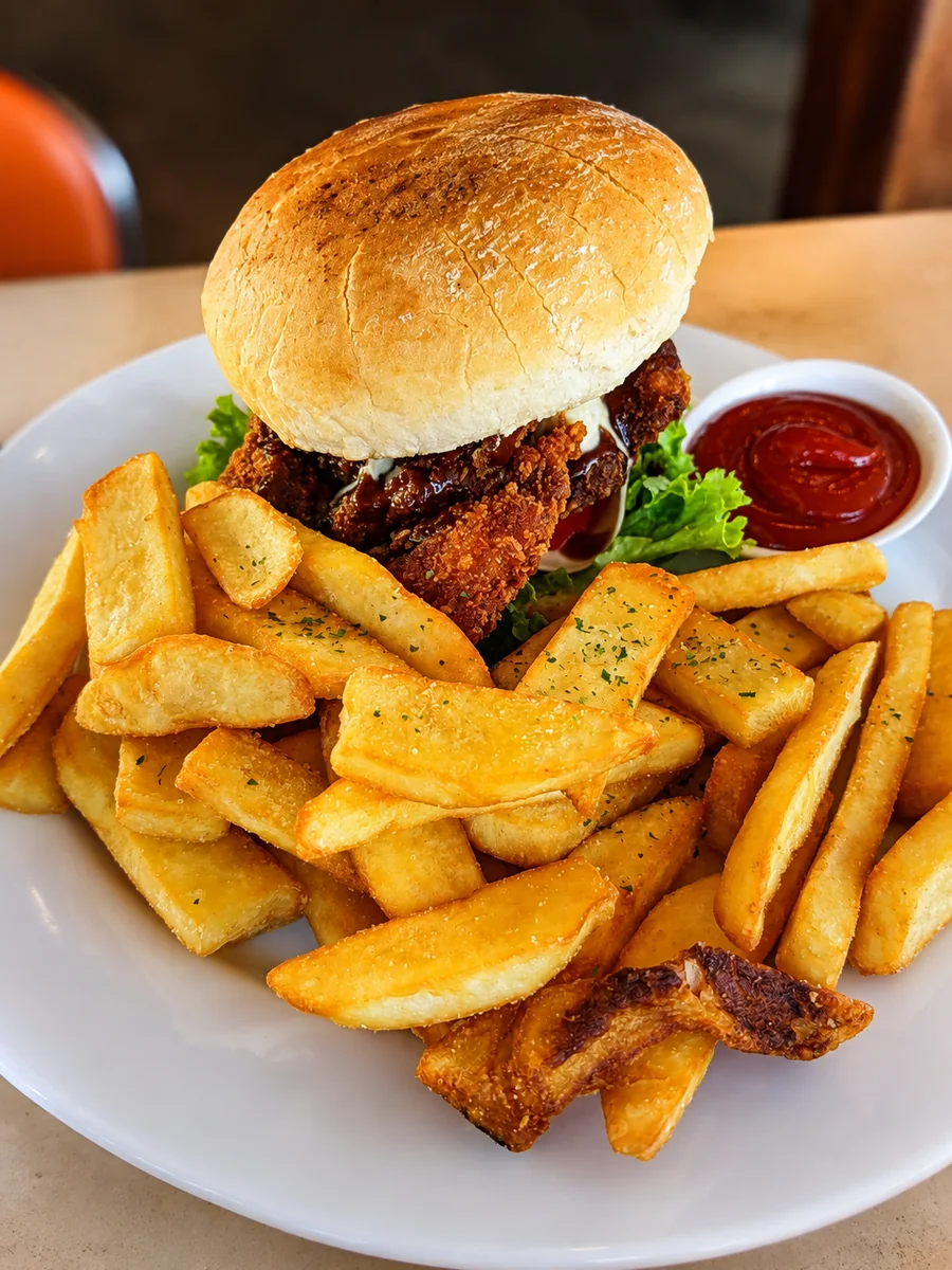 A Japanese-style burger with chips at Cameron Japanese Family Restaurant